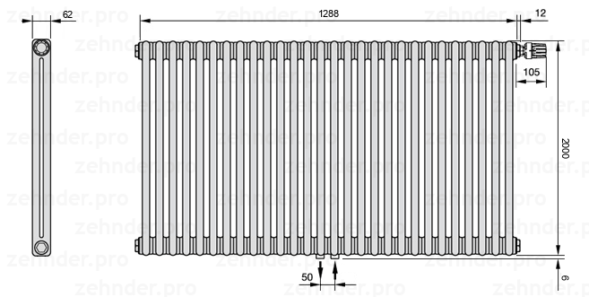 Схема (чертеж) Радиатор Zehnder Charleston 2200/28 №V008 Белый глянцевый RAL 9016